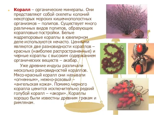 Коралл – органические минералы. Они представляют собой скелеты колоний некоторых морских