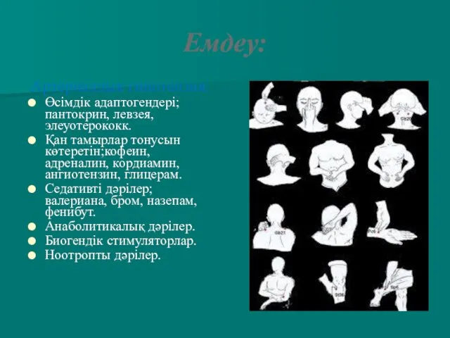 Емдеу: Артериалдық гипотензия: Өсімдік адаптогендері; пантокрин, левзея, элеуотерококк. Қан тамырлар тонусын