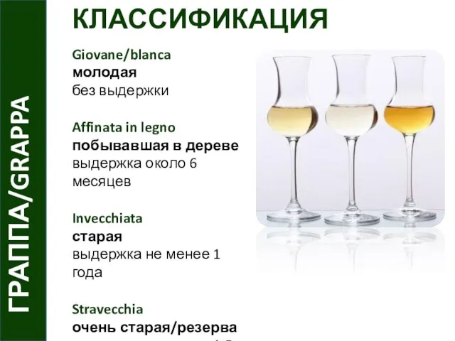 ГРАППА/GRAPPA КЛАССИФИКАЦИЯ Giovane/blanca молодая без выдержки Affinata in legno побывавшая в