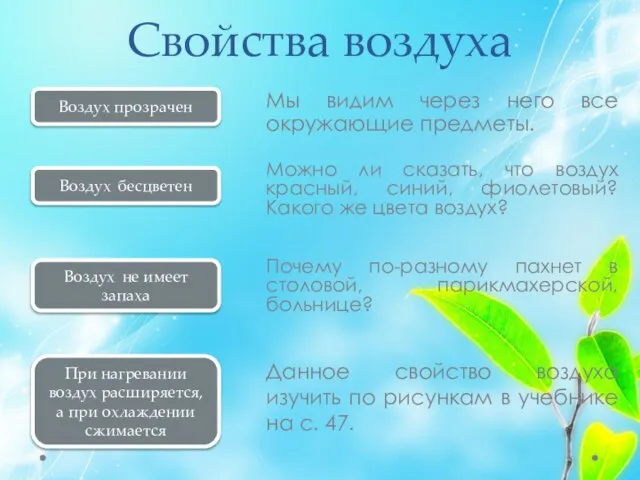 Свойства воздуха Почему по-разному пахнет в столовой, парикмахерской, больнице? Воздух прозрачен