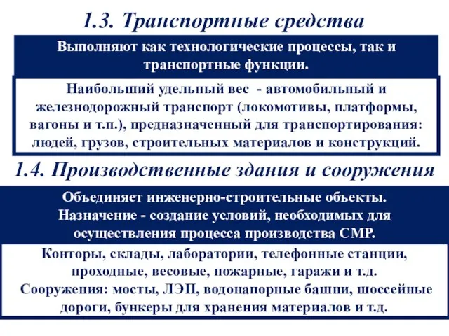 1.3. Транспортные средства Наибольший удельный вес - автомобильный и железнодорожный транспорт