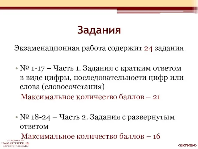 Задания Экзаменационная работа содержит 24 задания № 1-17 – Часть 1.