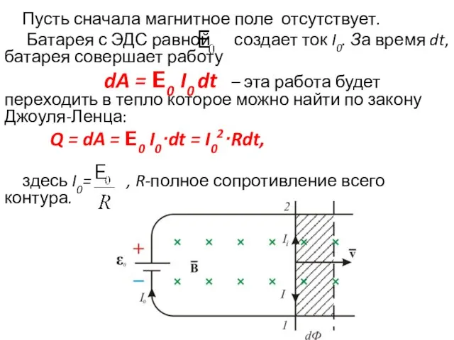 Пусть сначала магнитное поле отсутствует. Батарея с ЭДС равной создает ток