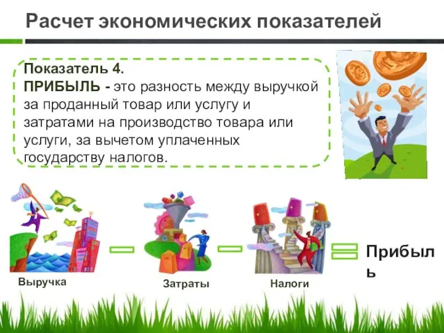 Расчет экономических показателей Показатель 4. ПРИБЫЛЬ - это разность между выручкой