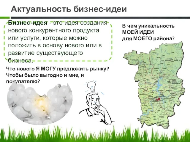 Актуальность бизнес-идеи Бизнес-идея - это идея создания нового конкурентного продукта или