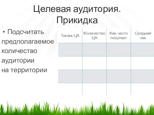 Целевая аудитория. Прикидка Подсчитать предполагаемое количество аудитории на территории