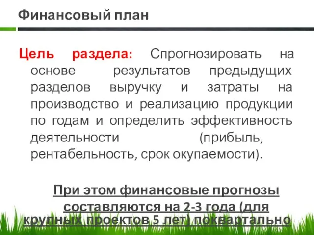 Финансовый план Цель раздела: Спрогнозировать на основе результатов предыдущих разделов выручку