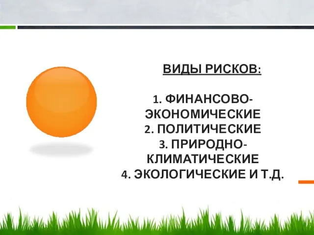 ВИДЫ РИСКОВ: 1. ФИНАНСОВО-ЭКОНОМИЧЕСКИЕ 2. ПОЛИТИЧЕСКИЕ 3. ПРИРОДНО-КЛИМАТИЧЕСКИЕ 4. ЭКОЛОГИЧЕСКИЕ И Т.Д.