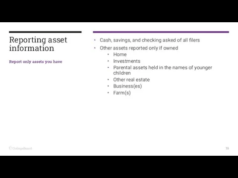 Cash, savings, and checking asked of all filers Other assets reported