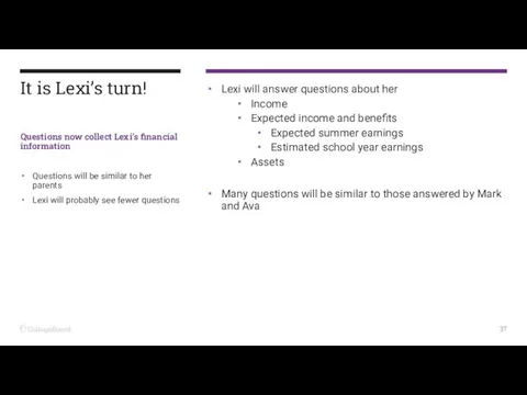 Lexi will answer questions about her Income Expected income and benefits