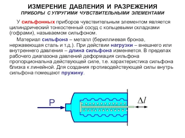 У сильфонных приборов чувствительным элементом является цилиндрический тонкостенный сосуд с кольцевыми