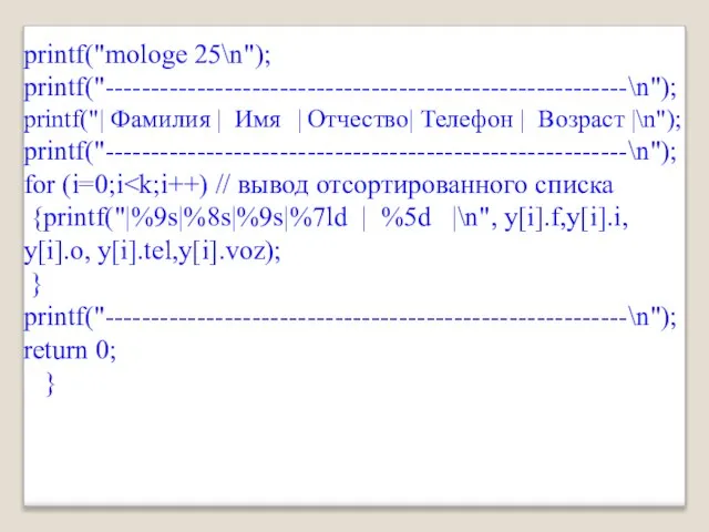 printf("mologe 25\n"); printf("---------------------------------------------------------\n"); printf("| Фамилия | Имя | Отчество| Телефон |