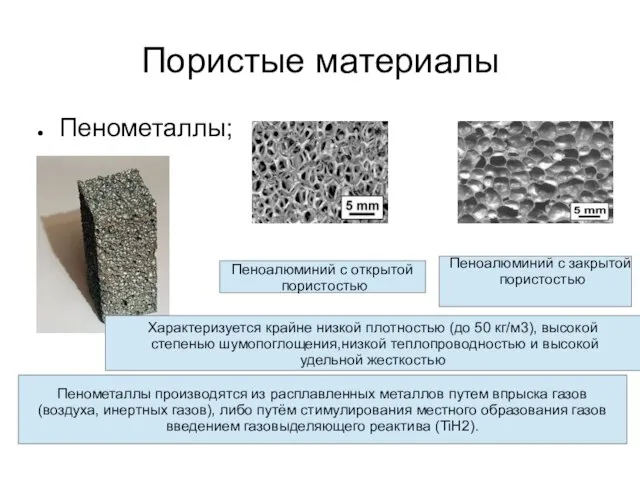 Пористые материалы Пенометаллы; Пеноалюминий с открытой пористостью Пеноалюминий с закрытой пористостью