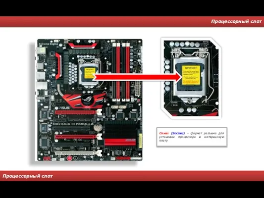 Процессорный слот Процессорный слот Сокет (Socket) – формат разъема для установки процессора в материнскую плату