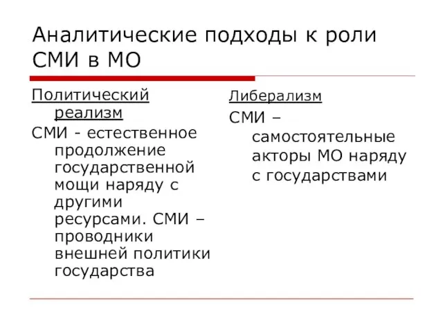 Аналитические подходы к роли СМИ в МО Политический реализм СМИ -