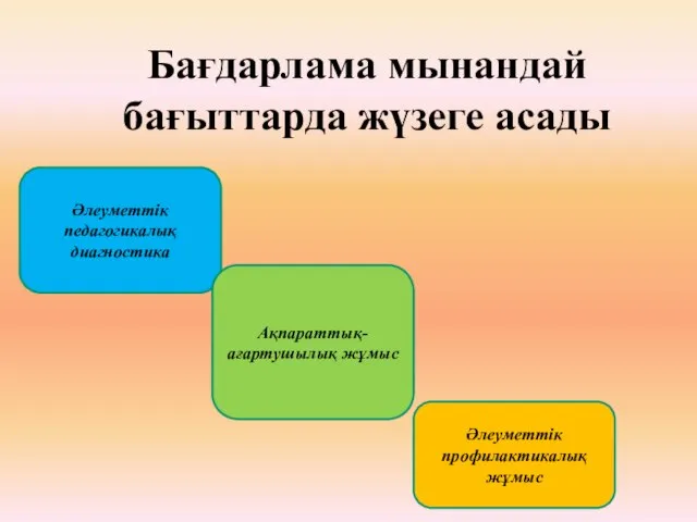 Бағдарлама мынандай бағыттарда жүзеге асады Əлеуметтік педагогикалық диагностика Ақпараттық-ағартушылық жұмыс Əлеуметтік профилактикалық жұмыс