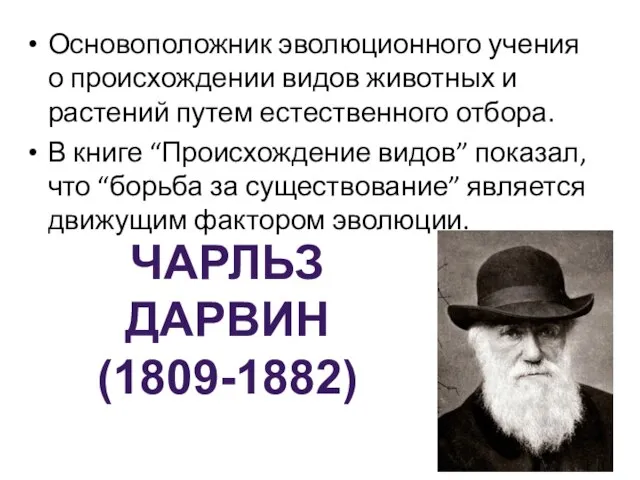 Основоположник эволюционного учения о происхождении видов животных и растений путем естественного