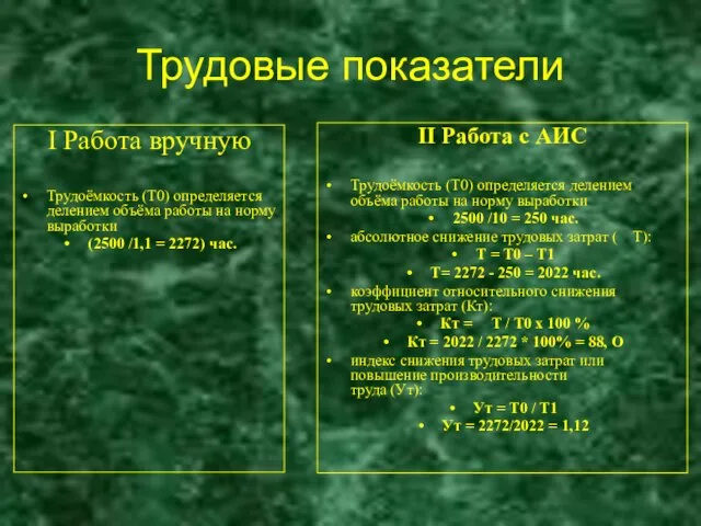 Трудовые показатели I Работа вручную Трудоёмкость (Т0) определяется делением объёма работы