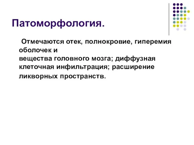 Патоморфология. Отмечаются отек, полнокровие, гиперемия оболочек и вещества головного мозга; диффузная клеточная инфильтрация; расширение ликворных пространств.