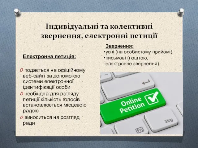 Індивідуальні та колективні звернення, електронні петиції Електронна петиція: подається на офіційному