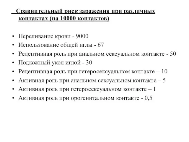 Сравнительный риск заражения при различных контактах (на 10000 контактов) Переливание крови