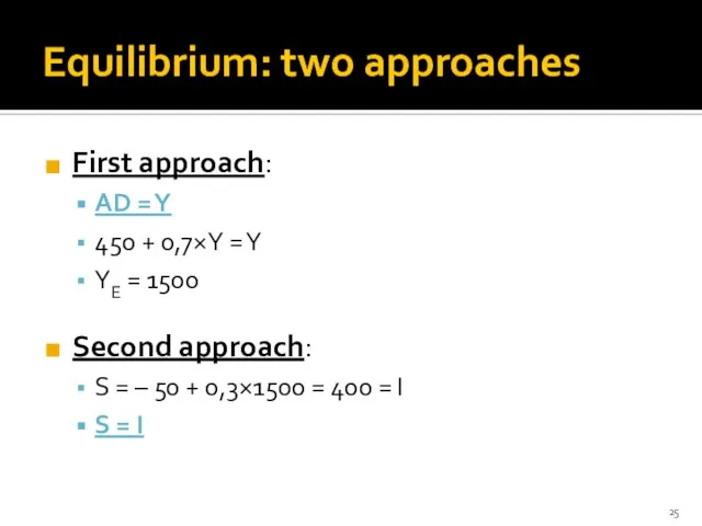 Equilibrium: two approaches First approach: AD = Y 450 + 0,7×Y