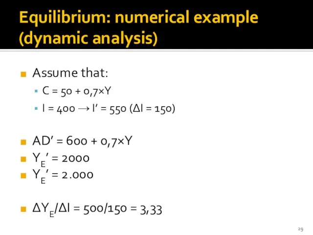 Equilibrium: numerical example (dynamic analysis) Assume that: C = 50 +