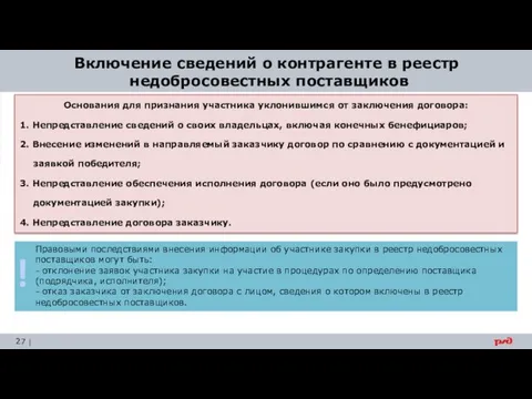 Включение сведений о контрагенте в реестр недобросовестных поставщиков Основания для признания