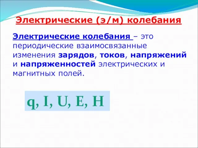 Электрические (э/м) колебания Электрические колебания – это периодические взаимосвязанные изменения зарядов,