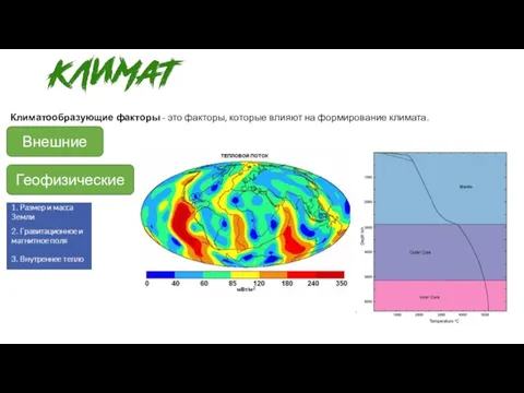 Геофизические Климатообразующие факторы - это факторы, которые влияют на формирование климата. Внешние