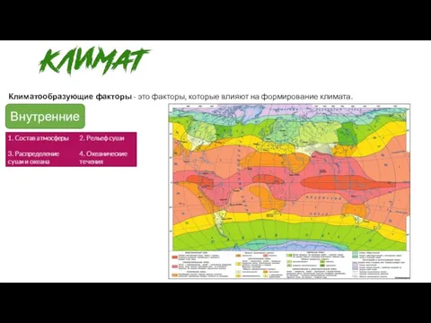 Внутренние Климатообразующие факторы - это факторы, которые влияют на формирование климата.