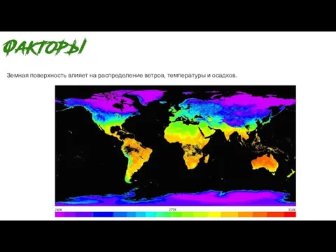 Земная поверхность влияет на распределение ветров, температуры и осадков.