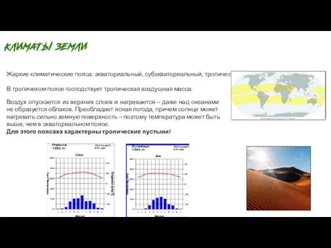 Жаркие климатические пояса: экваториальный, субэкваториальный, тропический. В тропичеком поясе господствует тропическая
