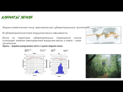 Жаркие климатические пояса: экваториальный, субэкваториальный, тропический. В субэкваториальном поясе воздушные массы