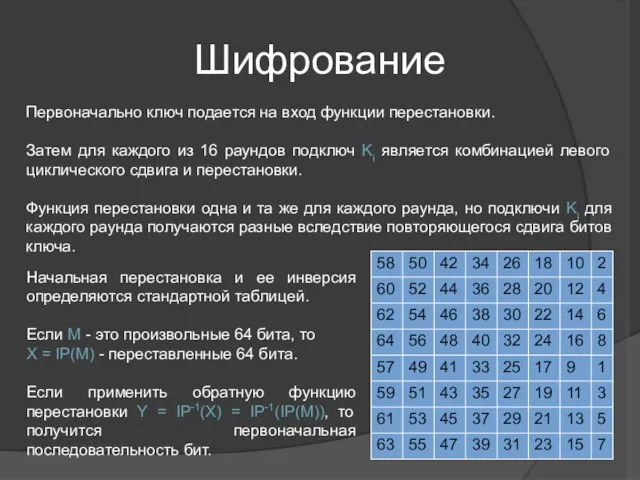 Шифрование Начальная перестановка и ее инверсия определяются стандартной таблицей. Если М