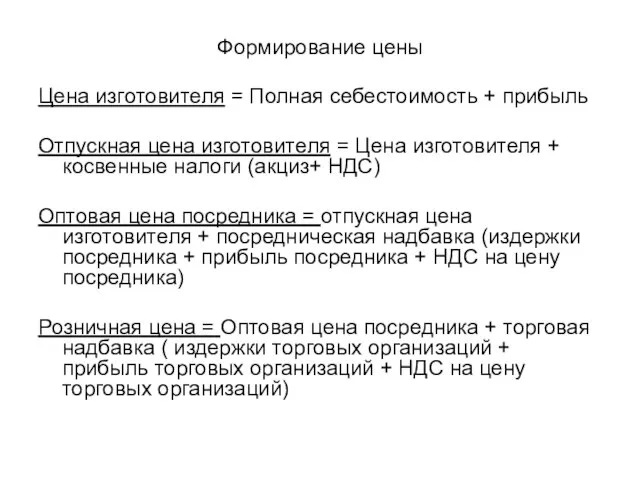 Формирование цены Цена изготовителя = Полная себестоимость + прибыль Отпускная цена