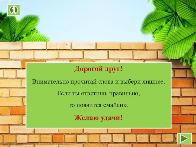 Дорогой друг! Внимательно прочитай слова и выбери лишнее. Если ты ответишь