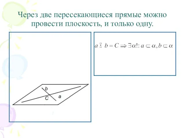 Через две пересекающиеся прямые можно провести плоскость, и только одну.