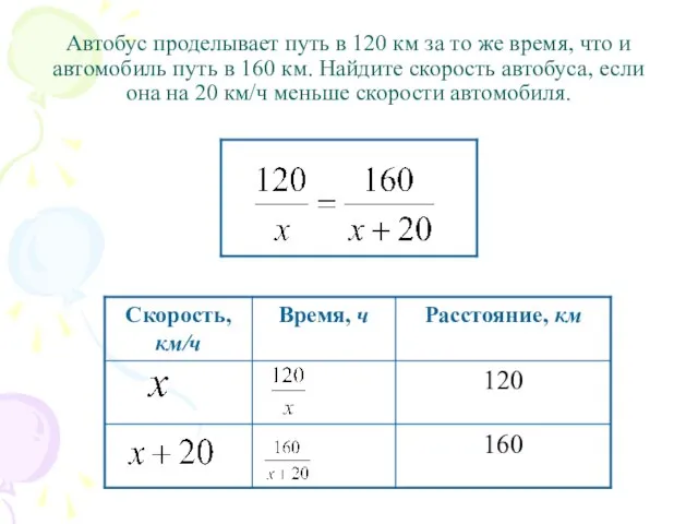 Автобус проделывает путь в 120 км за то же время, что