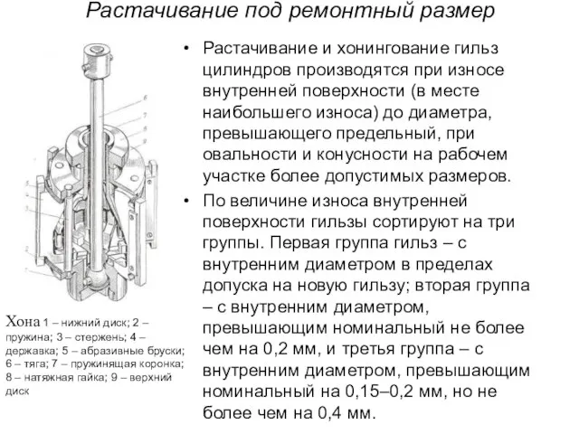 Растачивание под ремонтный размер Растачивание и хонингование гильз цилиндров производятся при