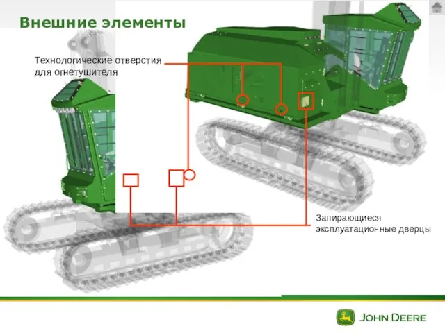 Внешние элементы Технологические отверстия для огнетушителя Запирающиеся эксплуатационные дверцы