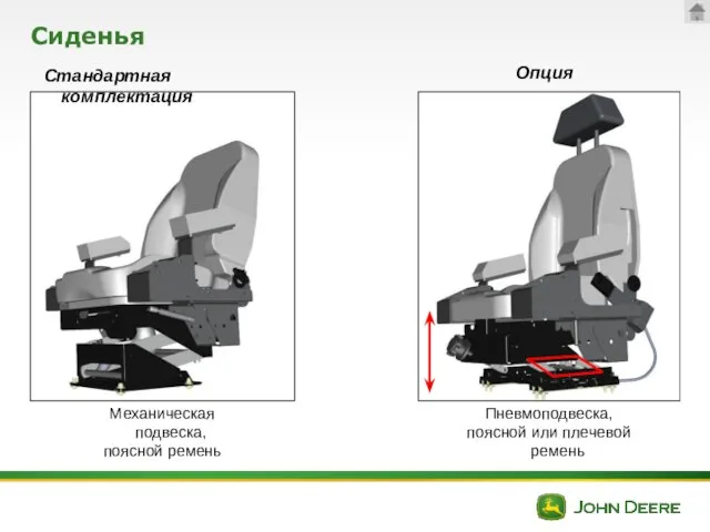 Сиденья Механическая подвеска, поясной ремень Пневмоподвеска, поясной или плечевой ремень Стандартная комплектация Опция