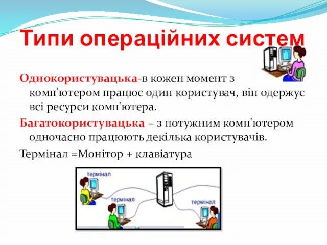 Типи операційних систем Однокористувацька-в кожен момент з комп'ютером працює один користувач,