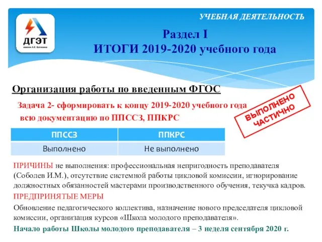 УЧЕБНАЯ ДЕЯТЕЛЬНОСТЬ Раздел I ИТОГИ 2019-2020 учебного года Организация работы по