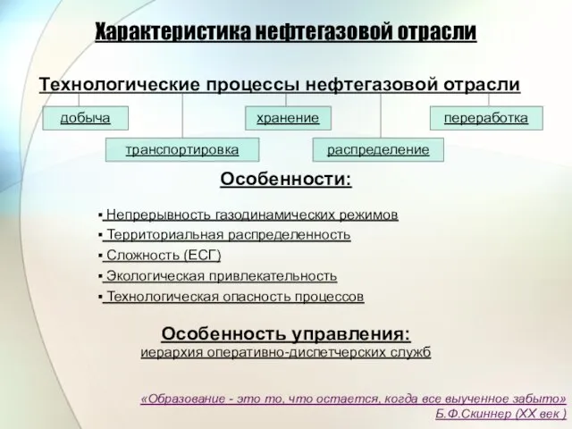 Технологические процессы нефтегазовой отрасли Особенности: Непрерывность газодинамических режимов Территориальная распределенность Сложность