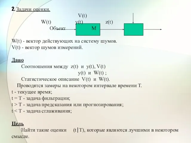 2. Задачи оценки. V(t) W(t) y(t) z(t) Объект М W(t) -