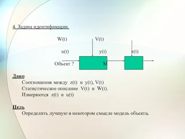 4. Задача идентификации. W(t) V(t) u(t) y(t) z(t) Объект ? М