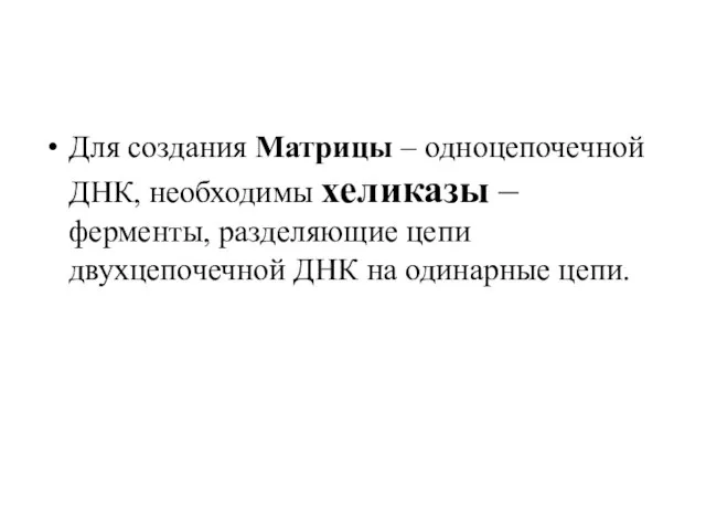 Для создания Матрицы – одноцепочечной ДНК, необходимы хеликазы – ферменты, разделяющие