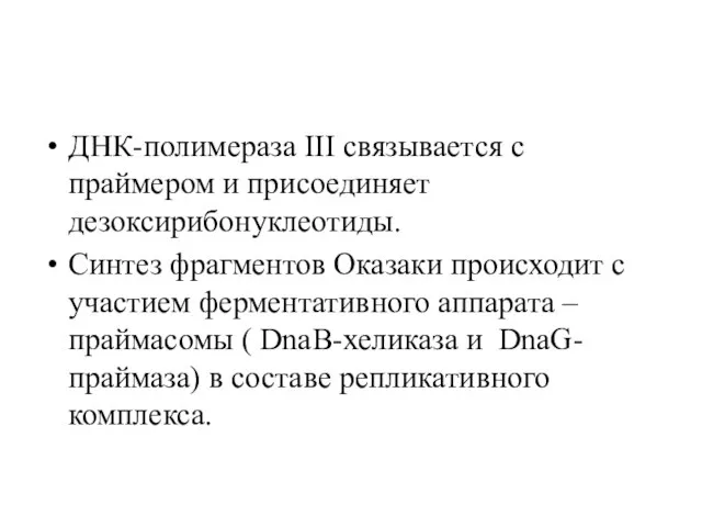 ДНК-полимераза III связывается с праймером и присоединяет дезоксирибонуклеотиды. Синтез фрагментов Оказаки