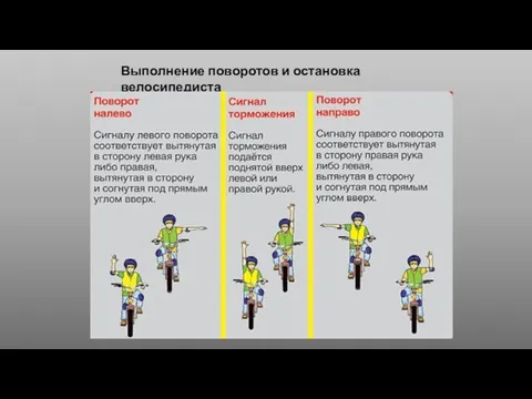 Выполнение поворотов и остановка велосипедиста